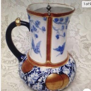 Antique, Tofts, Blue, Gold White Pitcher-Jug with Pewter Lid 7.25in H x 6in